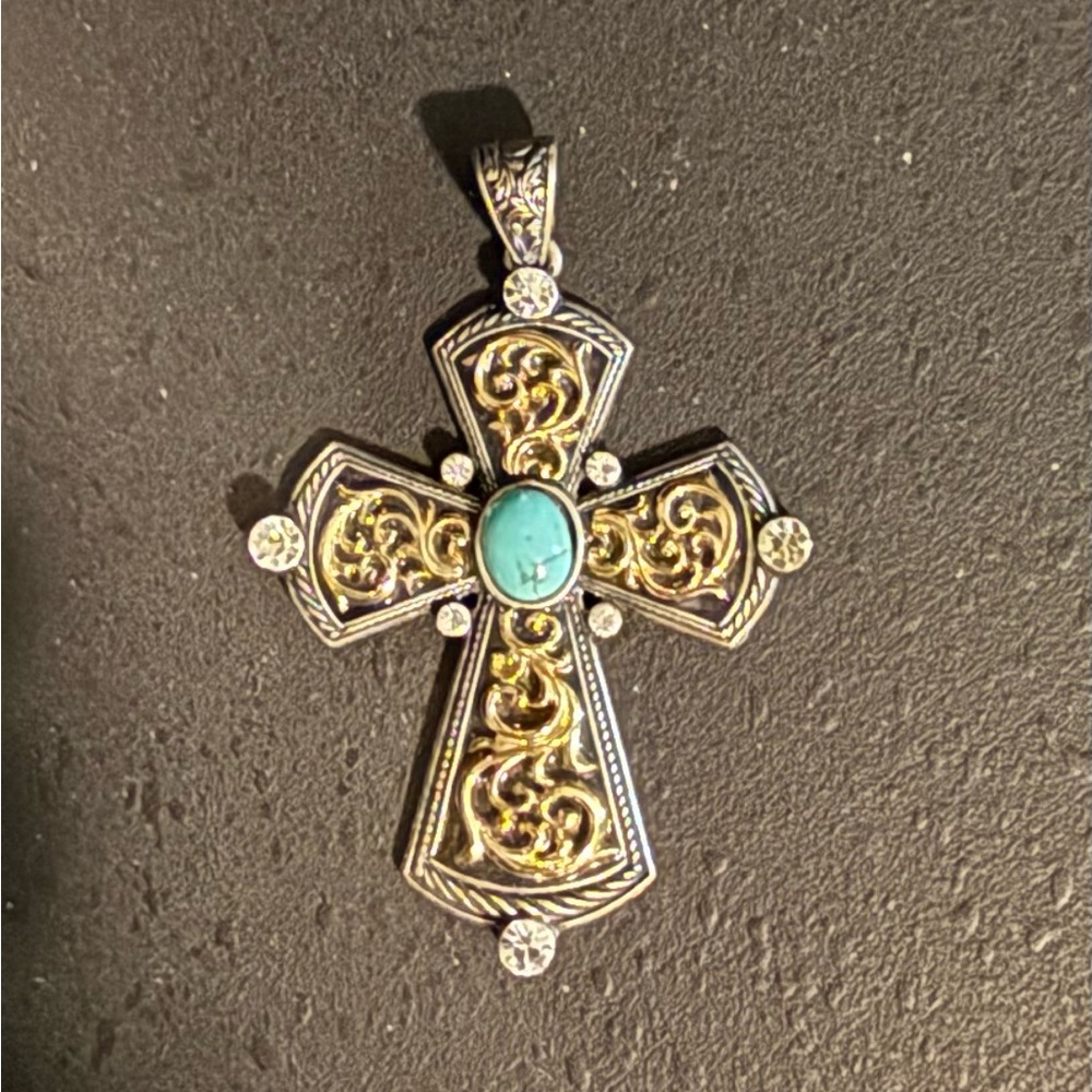 Ornate Silver and Gold Cross Necklace with Turquoise Center